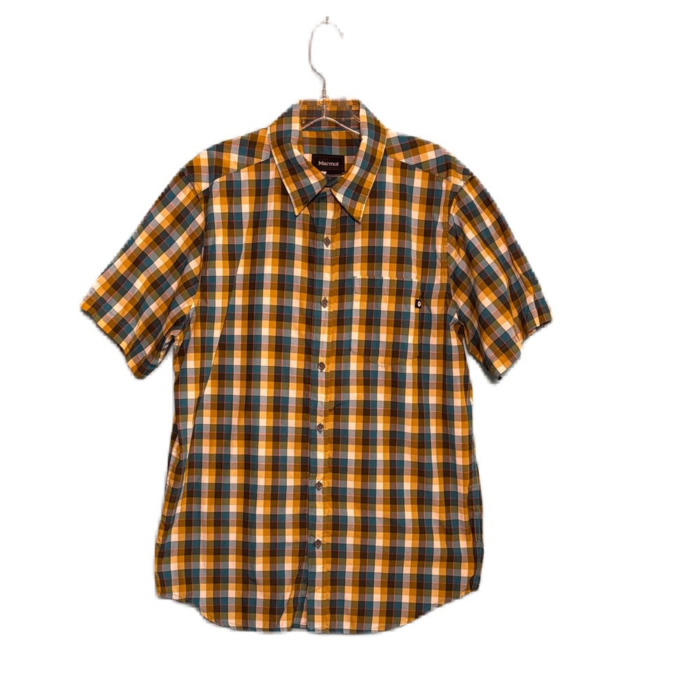 Marmot Men's Orange and Blue Plaid Short Sleeve Button Down Shirt Size M